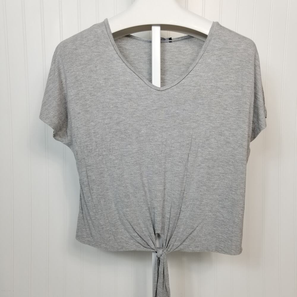 Terez Tie Front Short Sleeve Shirt‎ Gray Medium